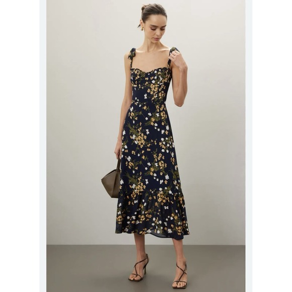Reformation Dresses & Skirts - Reformation Nikita corset dress Women's Sz 14 Midi Navy Blue Floral Boho Cottage